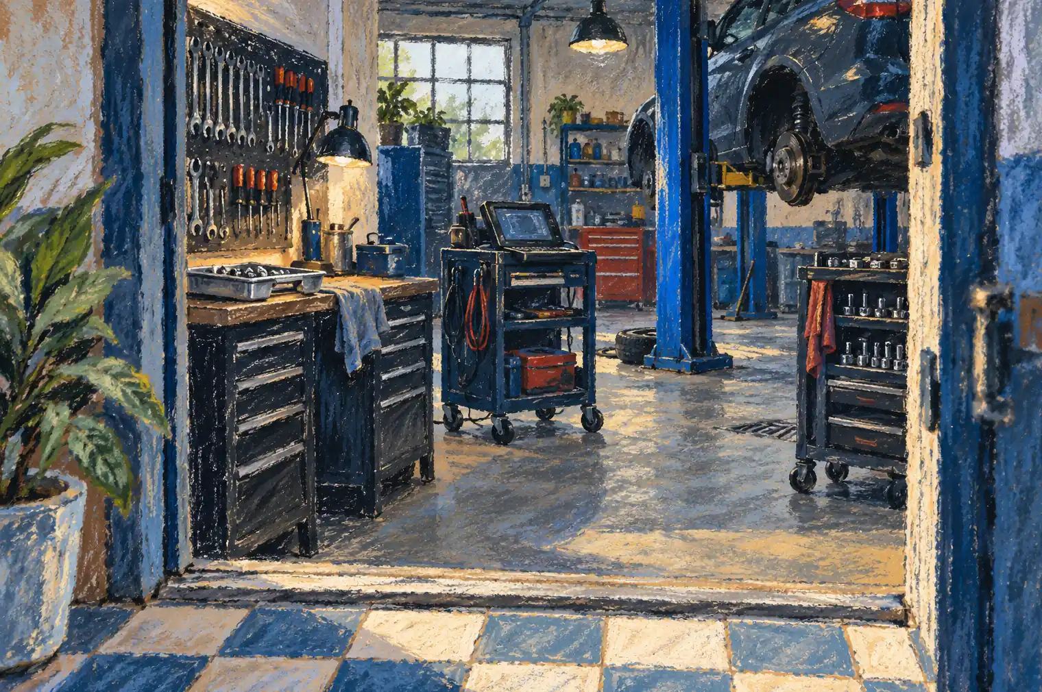 Illustration of auto repair shops and their working space